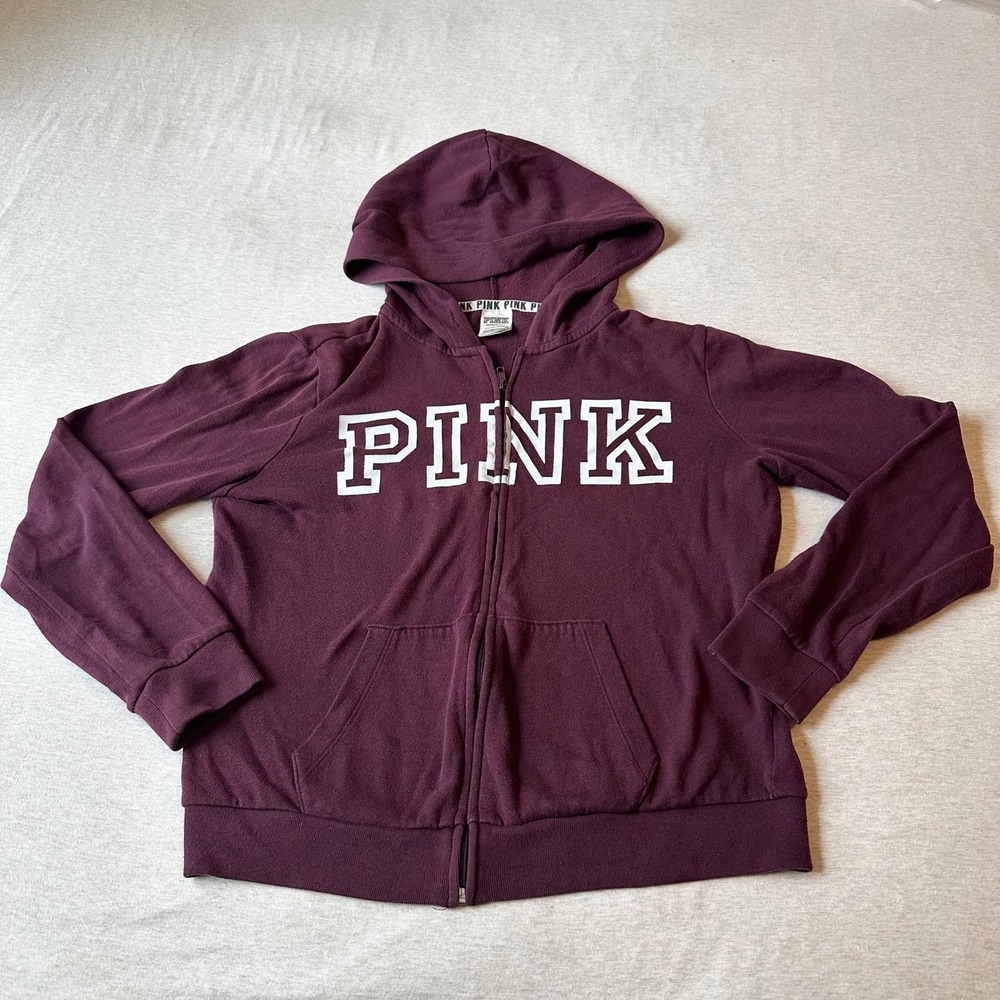 Victoria's Secret PINK Full Zip Hoodie Burgundy Maroon Logo Sweatshirt‎ Small
